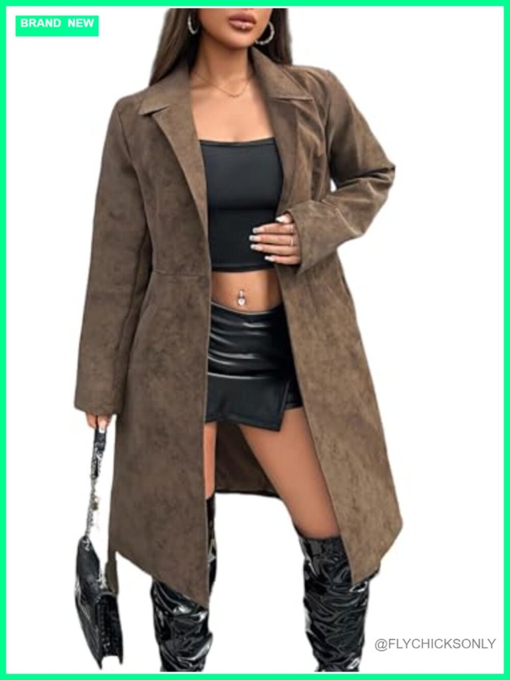 Faux Leather Jacket Women Long Trench Coat Belted Faux Motorcycle Coat